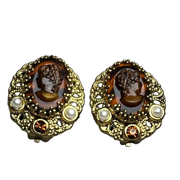 Vintage  WGermany Clip-On Cameo Gold Filigree Faux Pearls Amber earrings - Picture 3 of 6